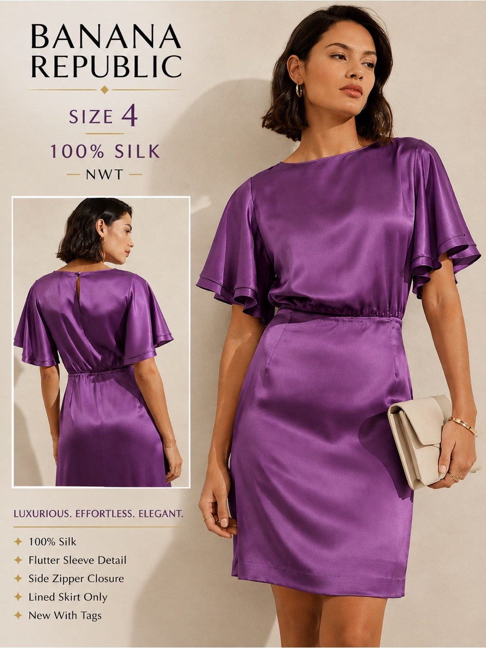 Banana Republic 100% Silk Sheath Dress NWT Size 4 Purple Flutter Sleeve Career